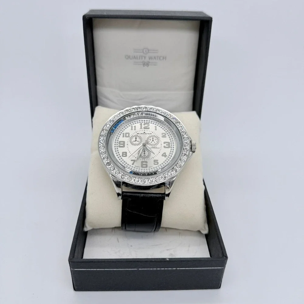 Blingster 5292 Mens Quartz Stainless Steel Black Leather Silver Crystal Watch